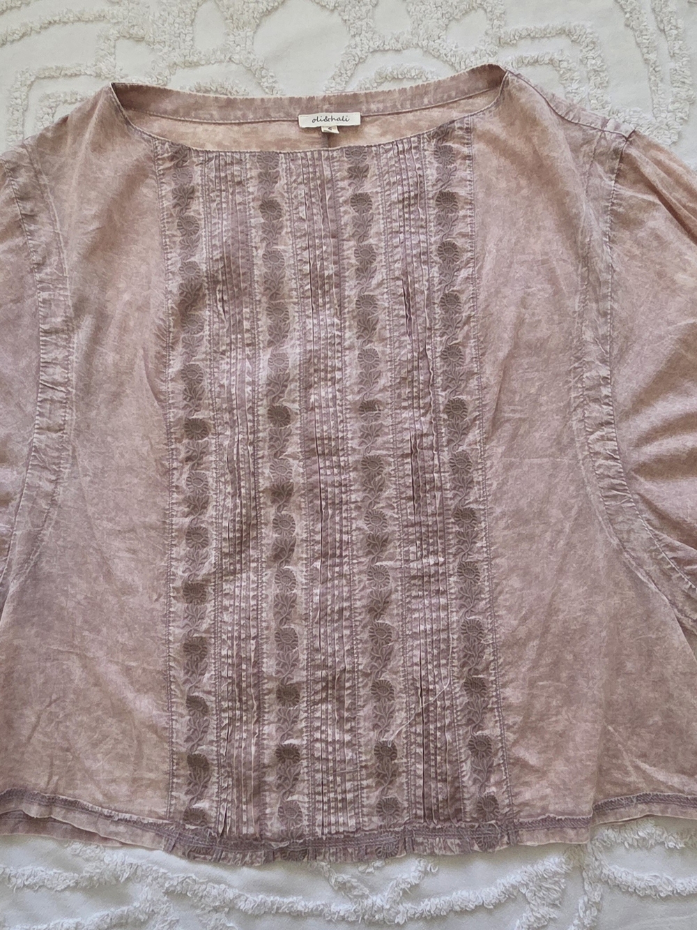 Oli & Hali Mauve Pink Mineral Wash Embroidered Pintuck Puff Sleeve Top Blouse S